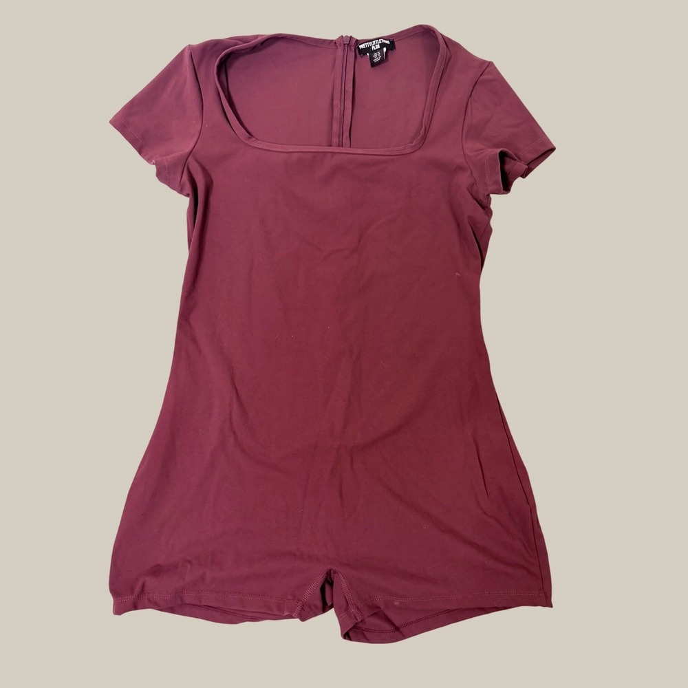 PrettyLittleThing Plus Romper Womens 12 Burgundy Square Neck Short Playsuit